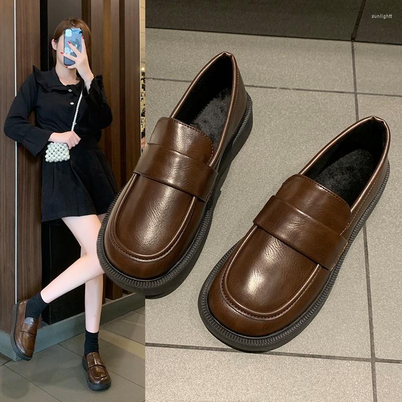 

Dress Shoes 2023 Black Punk Platform Women Loafers Round Toe Chunky Heel Vintage Slip On High Leather Pumps, Brown