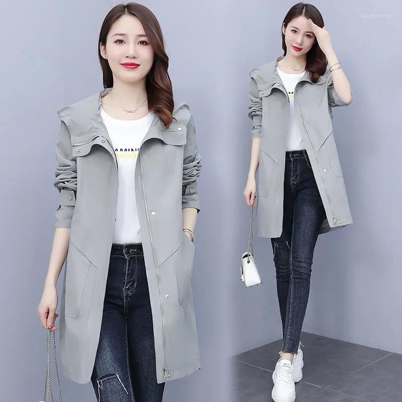 

Women' Trench Coats Women Windbreaker 2023 Hooded Loose Spring Autumn Medium Long Casual Jacket With Lined Ladies Windbreakers Outerwear, Grey blue