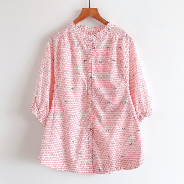 

Women's Blouses Shirts Summer Women Blouse Literary Cotton Leaves Print Lantern Sleeve Stand Collar Three Quarter Sleeve Shirts Women 230313, Pink9