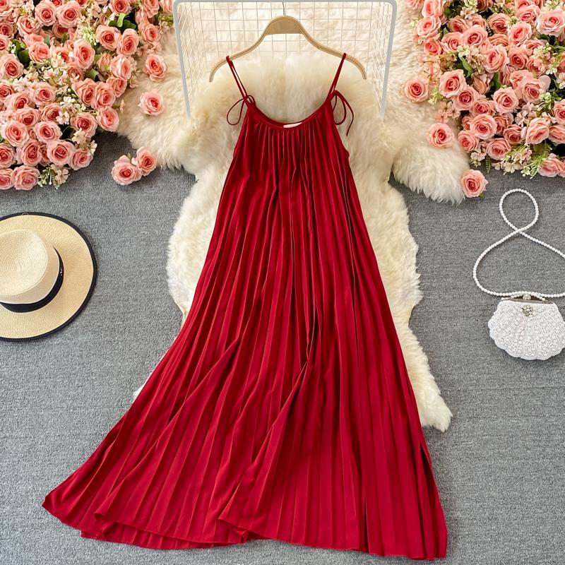 

Casual Dresses Women Chic A-line Pleated Midi Slip Dress Sleeveless Beach Vacation Sundress Summer Weet Elegant Vestidos Y2k, Black