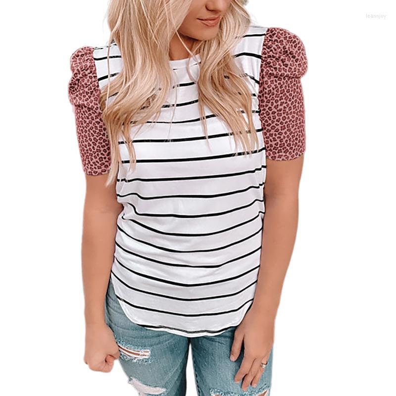 

Women' T Shirts 2023 Summer Stripe Women' Top Leopard Print Short Sleeve Casual Shirt Women, White