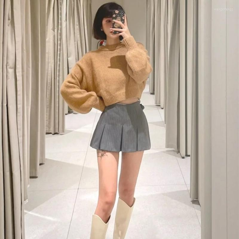 

Skirts Women's Autumn And Winter High Waist Pinstriped Hip Skirt Gray Pleated Bottoming Casual Pants, Grey
