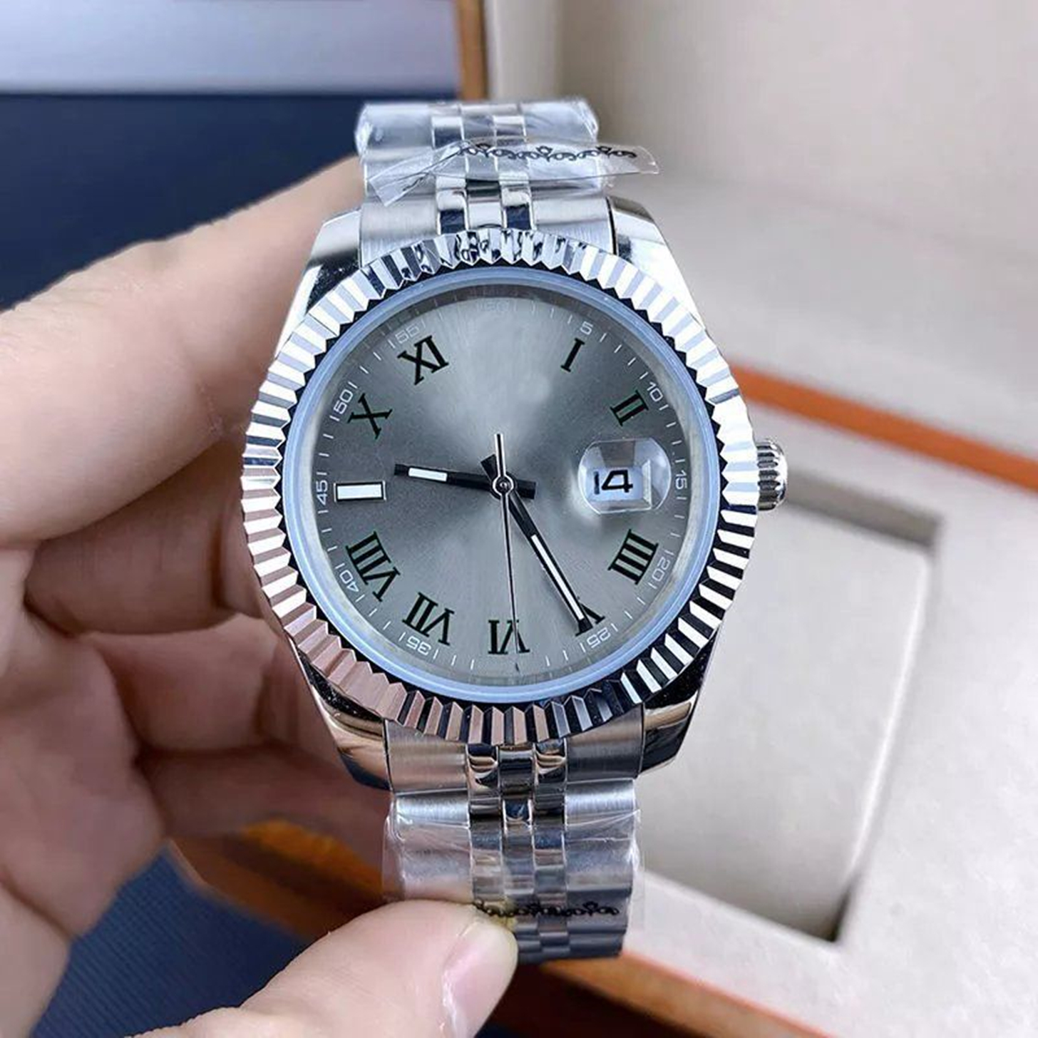 

With original box Fashion Men's Watch 41mm Datejust Automatic Mechanical Movement 2813 Men's Watches grey Dial Stainless Steel Strap Sports 2023, Style 4 original box+watch