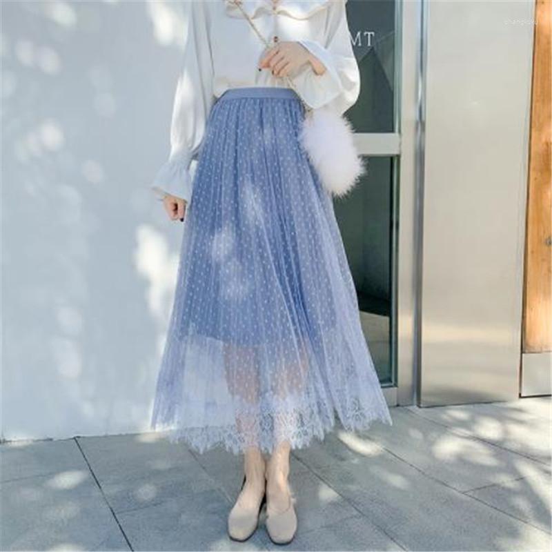 

Skirts 2023 Spring Arrival Dot Printed Long For Women Lace Splicing Pleated Skirt 4 Colors Available, Black