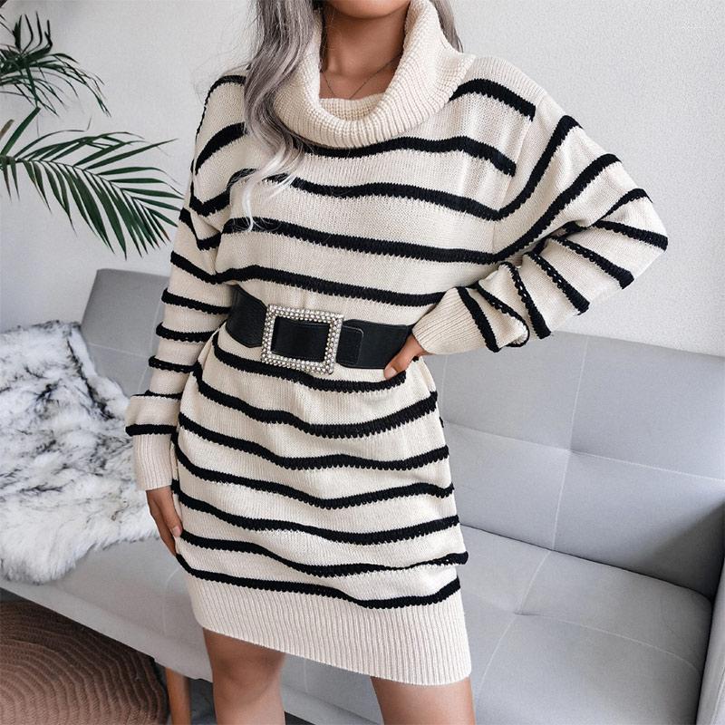 

Casual Dresses Turtleneck Striped Women' Knitted Dress Long Sleeve Loose Sweater Pullover Female 2023 Fall Winter Fashion Lady, Gray