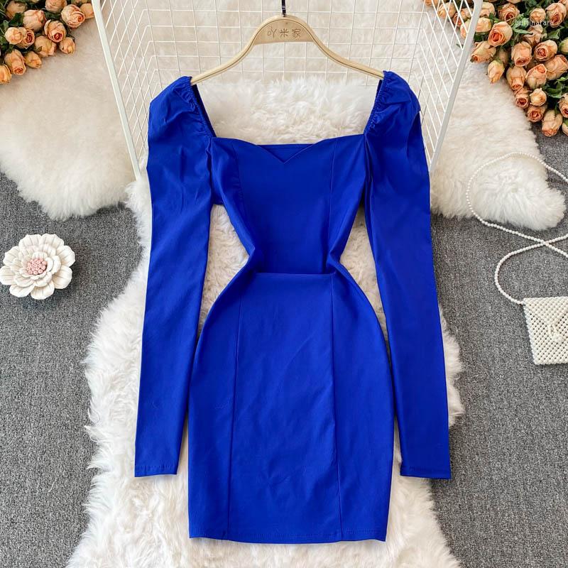

Casual Dresses Vintage Courtesan Temperament Exposed Collarbone Long Sleeve Square Collar Slim Body Look Bubble Buttock Dress, Black