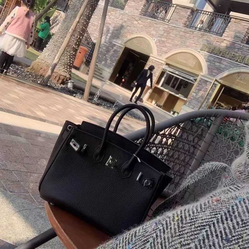 

Lady's Handbag Birkin Silver buckle H Family Bag Women 2019 New Bag Leather Silver Buckle Women's Bag lychee togo top layer cowhide handbag, Black 25cm