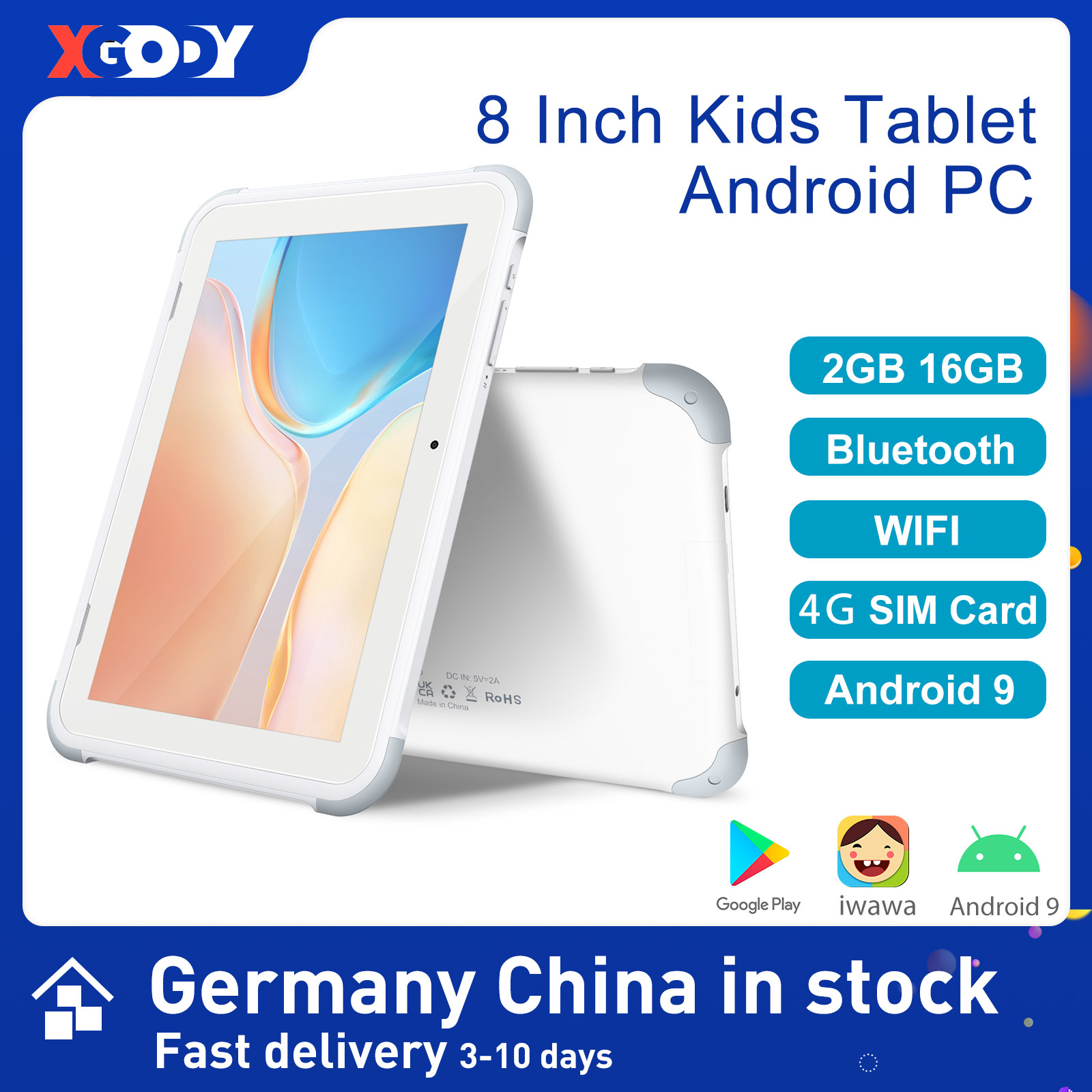

XGODY Kids Tablet 8 Inch PC Android Portable Children Tablets Wifi Bluetooth SIM Card 2GB 16GB IPS Screen Cute Gift for Kids, White