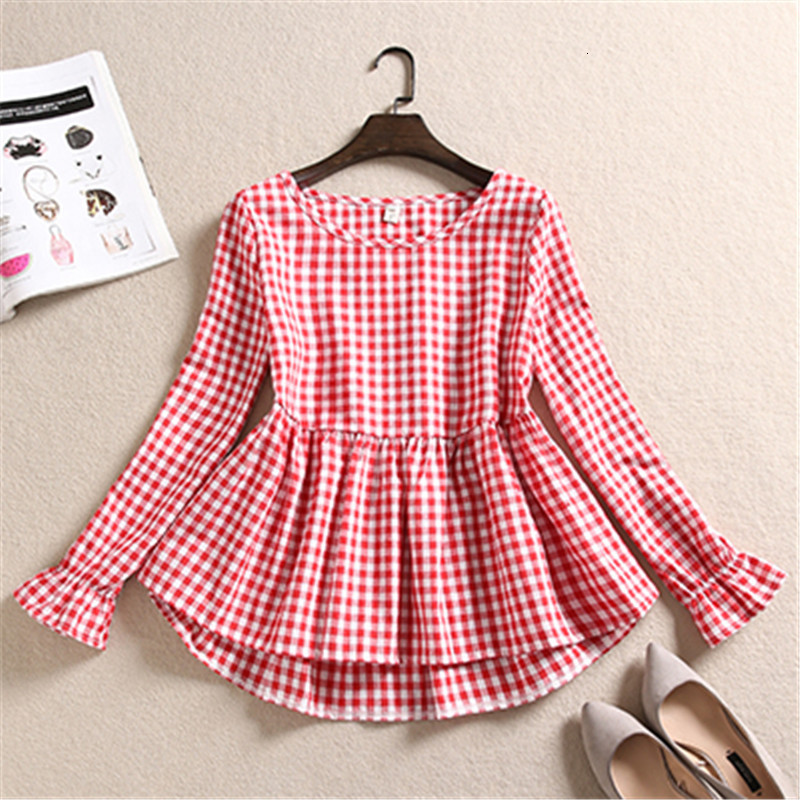 

Women' Blouses Shirts Spring Autumn Women Cotton Linen Blouse Casual Loose Ruffles Plaid Blouses Female Long Sleeve Shirts Bottom Blusas Tops AB1606 230313, Brick red