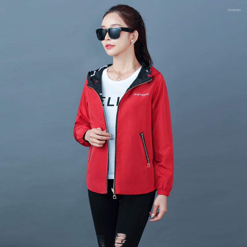 

Women's Trench Coats 2023 Spring Autumn Fashion Women Bomber Jacket Pocket Zipper Hooded Two Side Wear Outwear Loose Windbreaker Female, Blue