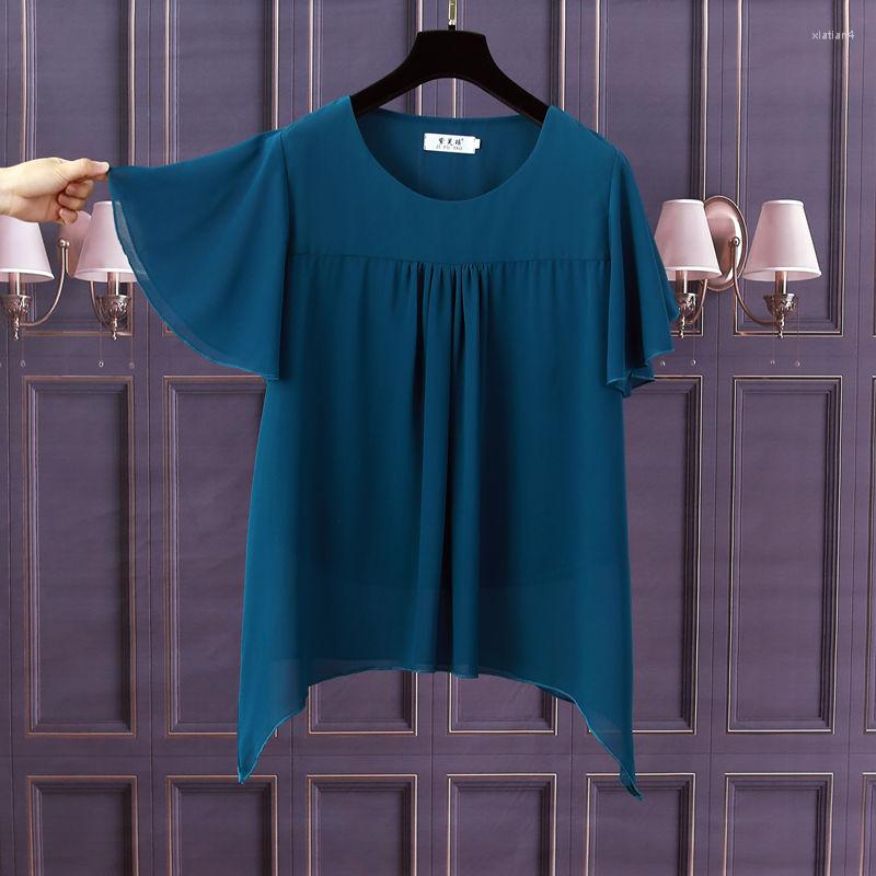 

Women's Blouses High Quality Elegant Double Layer Chiffon Blouse Summer Women Fashion Short Sleeve Solid Vintage Femme Loose Tops, Green