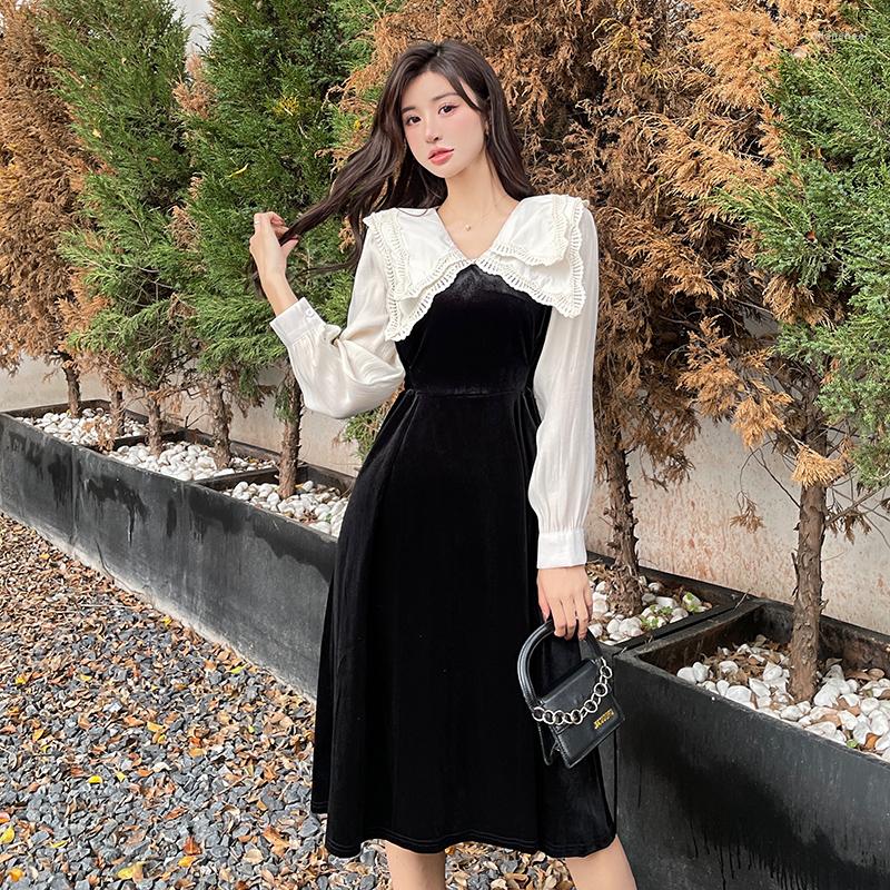 

Casual Dresses Fashion Classic Velvet Women Spring Fall Elegant Lady V Neck Long Sleeve Satin Patchwork Sashes Bow A Line Party, Picture color