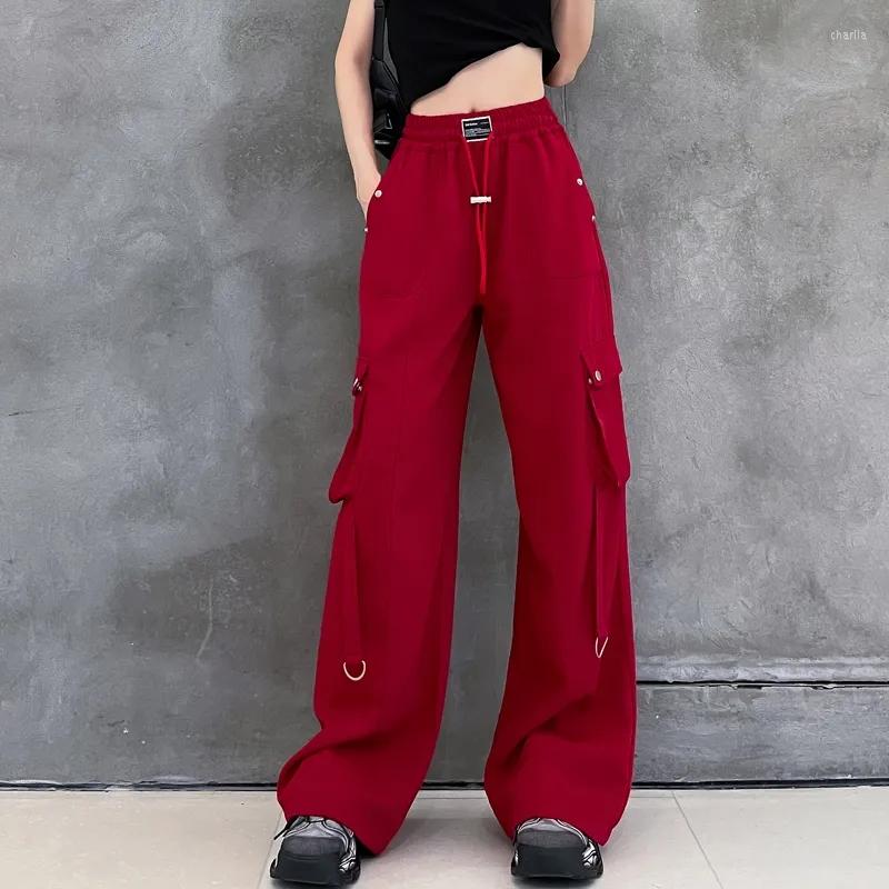 

Women's Pants Vintage 90s Women'S Cargo Solid Color Streetwear Low Waist Trousers Female Autumn Overalls Baggy Straight, Red