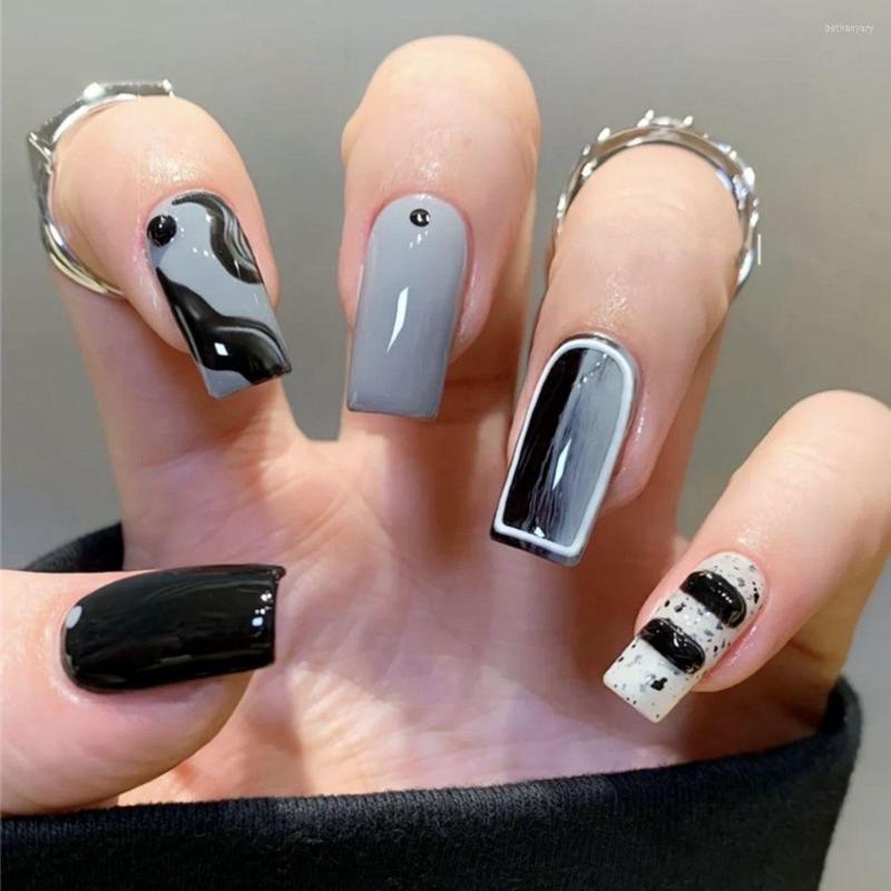 

False Nails 24pcs/Box Short Round/Square Head Wearable Glitter Sequins Fake Full Cover Nail Tips Press On, 03