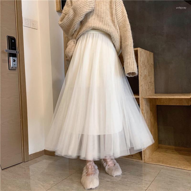 

Skirts Rimocy 2023 Summer Mesh Midi Skirt Women Fashion High Waist Pleated Black Woman Solid Color Long Tulle Ladies