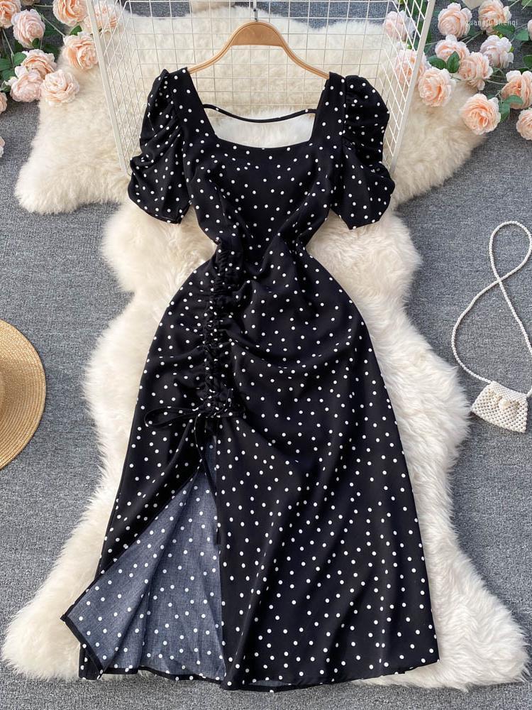 

Casual Dresses Summer Vintage Polka Dot Dress Women Short Puff Sleeves Square Collar Beach Sundress French Sweet Chiffon Long, Red