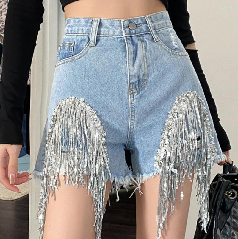 

Women' Shorts Hole Sequined Fringed Denim Women' A-line Wide-leg Pants Ins Casual Short, Blue