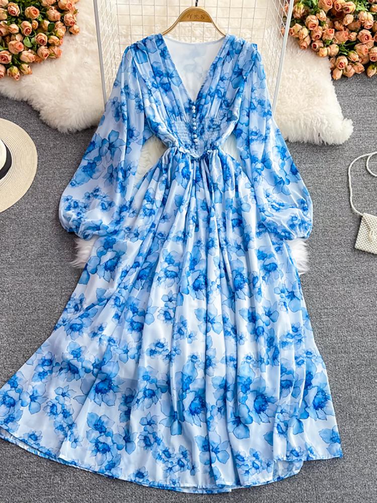 

Casual Dresses Bohemian Autumn Floral Printed Long Dress Women Vacation Beach Maxi Robe Female Elegant V-Neck Puff Sleeve A-Line Vestidos, Blue