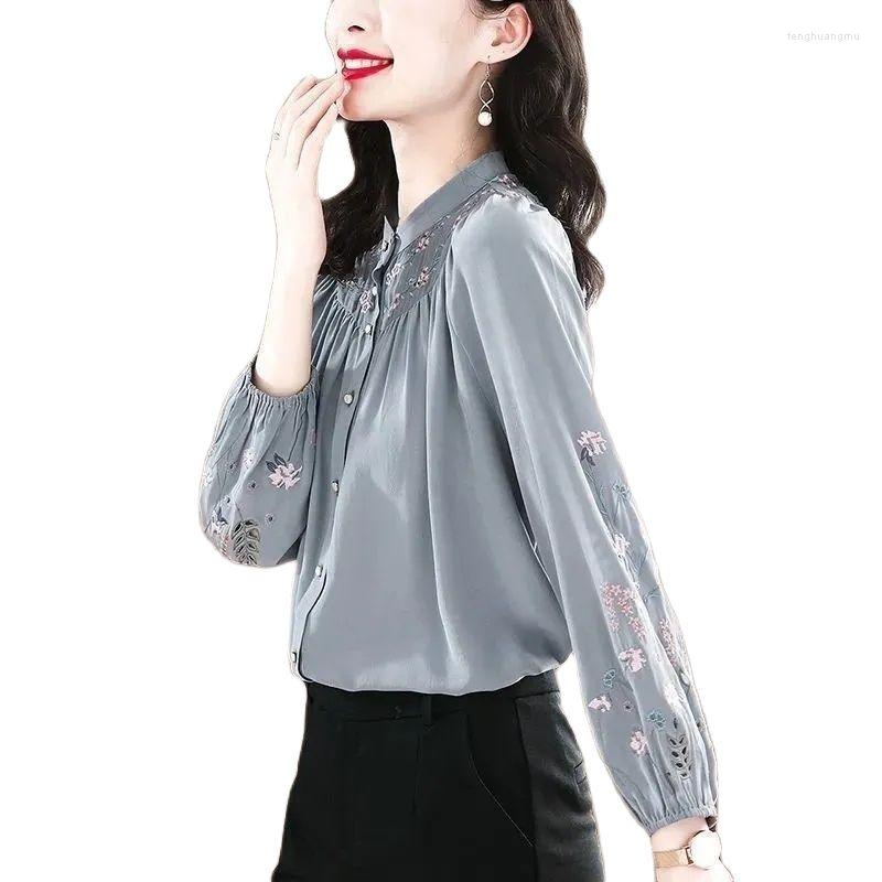

Women's Blouses Embroidery Imitation Real Silk Women's Shirt Spring Autumn Style Single-Breasted Long Sleeves Loose Floral Wild Ladies, Grey