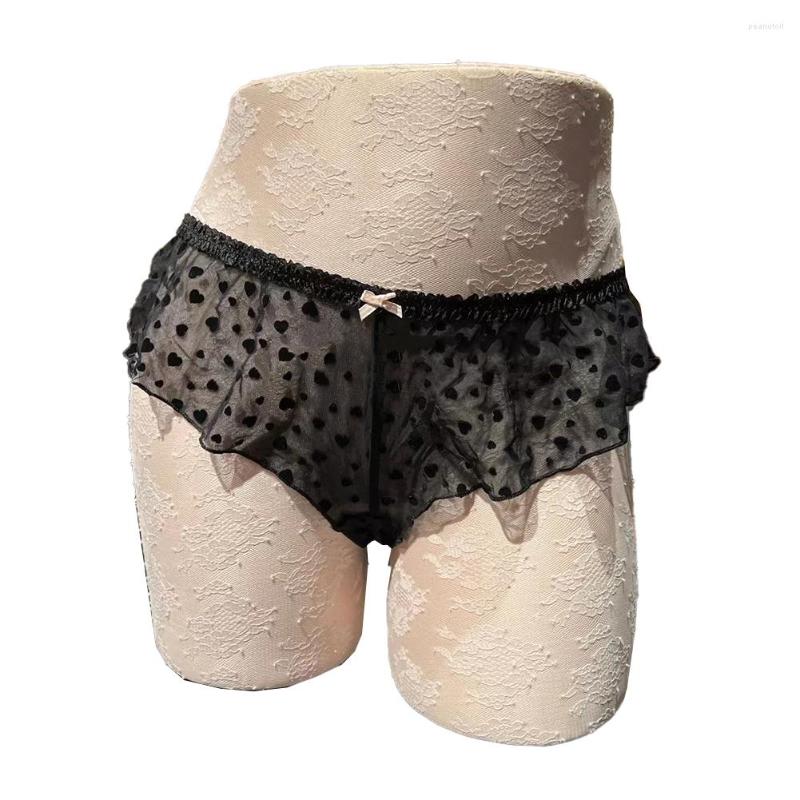 

Underpants 2023 Sexy Men Sissy Pouch Panties Mesh Silky G-string Lace Ultra-thin Thong Briefs Heart Smooth Underwear Uniform Temptation, Black