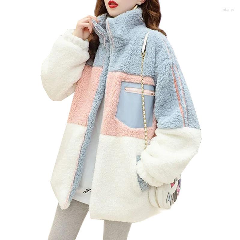 

Women's Fur 2023 Autumn Winter Lambswool Jacket Women Stand-up Collar Thicken Warm Loose Coats Female Long Sleeve All-match Outwear Ladies, Light blue