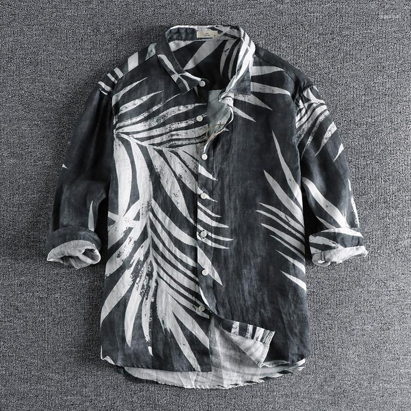 

Men's Casual Shirts Style Simple Leaf Linen Seven Printing Sleeve Shirt Men's Spring And Summer Youth Fashion Top 862, As photo