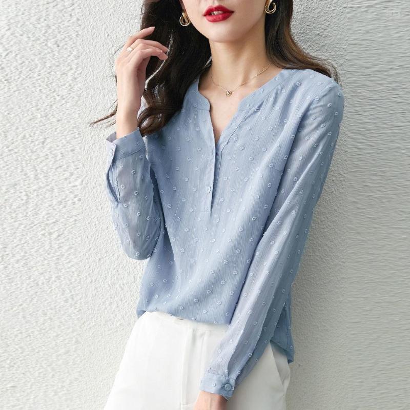 

Women' Blouses Textured Jacquard Temperament Small V-neck Long-sleeved High-end Chiffon Top Women' Age-reducing 2023 Autumn Style, Blue