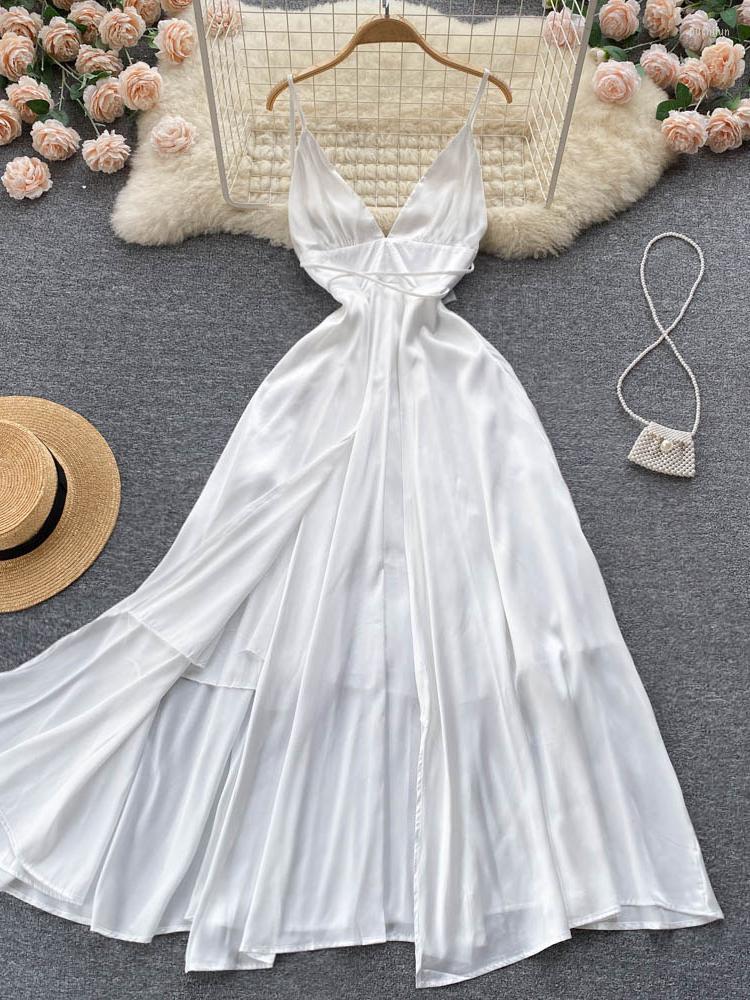 

Casual Dresses ZCWXM Bohemian Sexy Off Shoulder White Dress Women Party Spaghetti Strap Club V-neck Slim Ladies French Midi Elegant