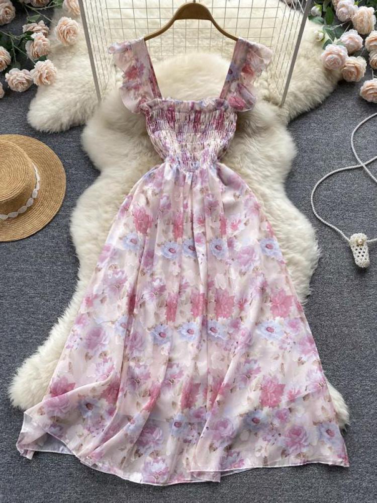 

Casual Dresses ZCWXM French Vintage Chiffon Dress Summer Women Square Neck Oil Painting Printed Suspender High Waist Slim A-line, Sky blue