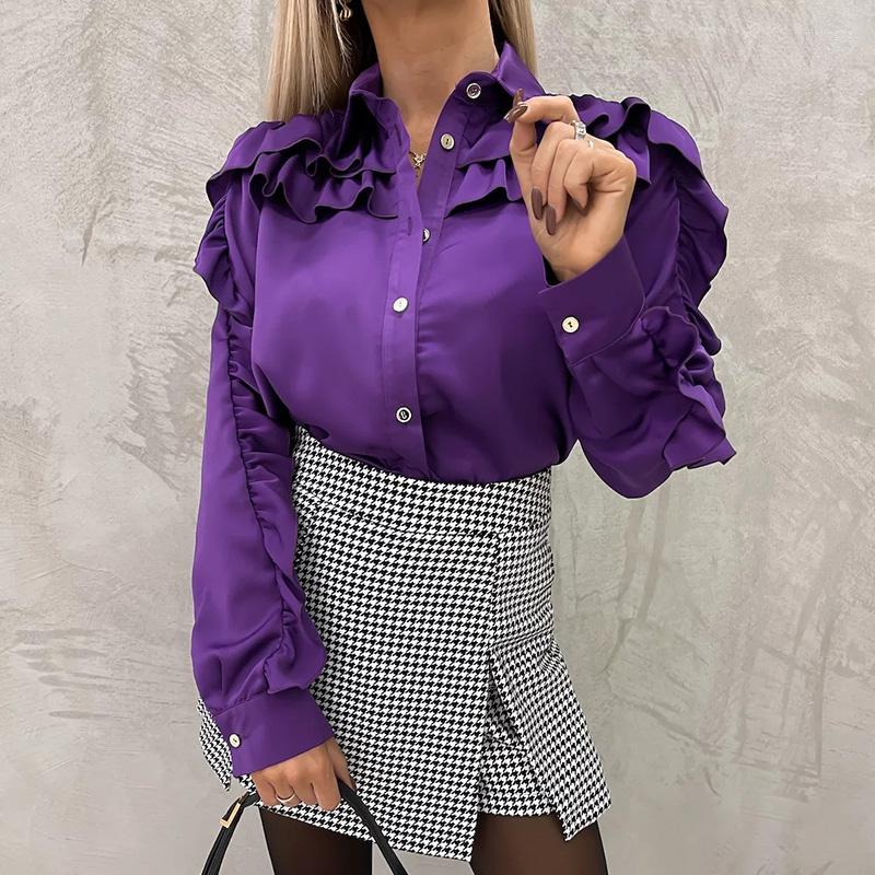 

Women' Blouses Women Single-breasted Clothes Blusa Ruffle Turn-Down Collar Office Lady Shirts Casual Long Sleeve Solid Commute Tops, 03 purple