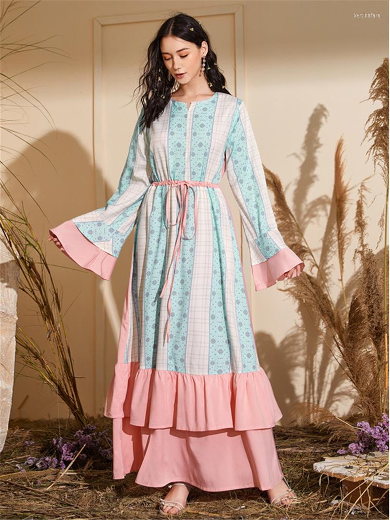 

Casual Dresses Muslim Dress Fashion Printing Panelled Women Abaya Middle East Long Kimono Belt Dubai Turkey, Pink