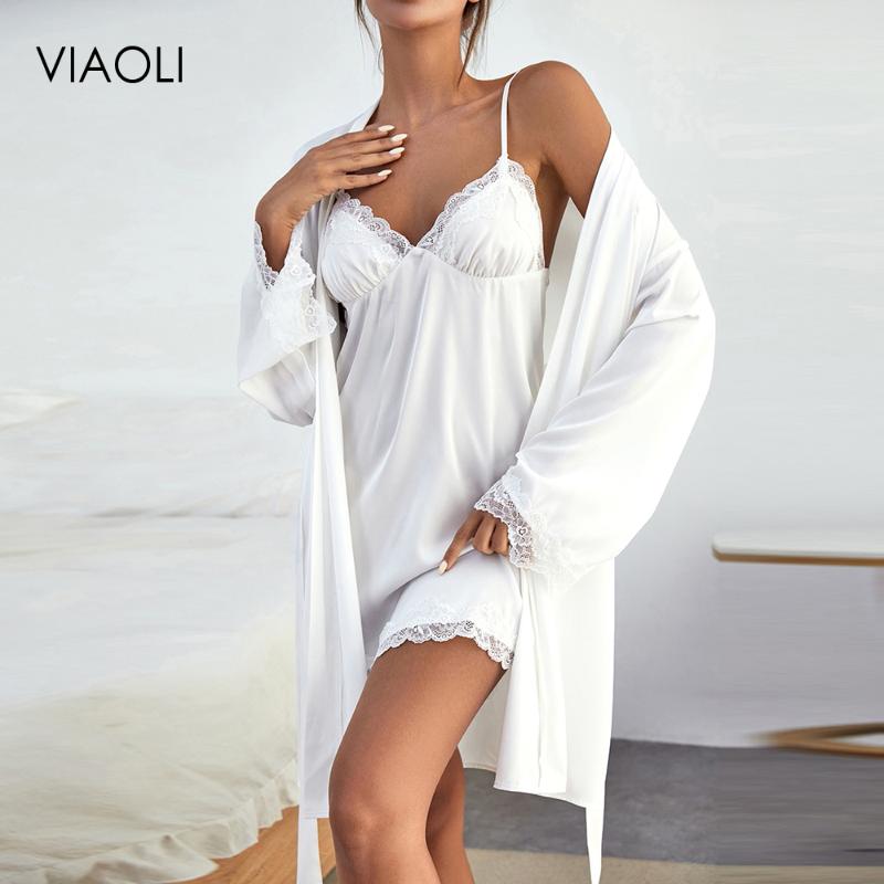 

Women' Sleepwear 2 Pieces Set Soft Autumn Summer Women Pajamas Sets Solid Color With Sling Dress Female Leisure Nightwear Suit Homewear, White