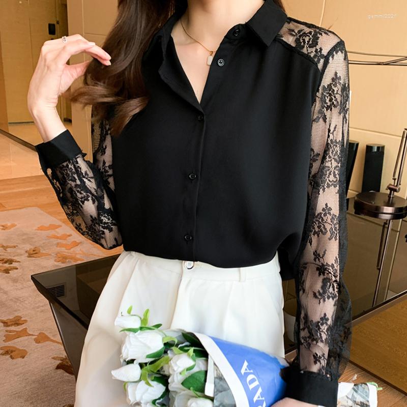 

Women' Blouses Fashion Hollow Polo Collar Top Cardigan Blouse Autumn Lapel Lace Stitching Chiffon Shirts Women Elegant Base V2617