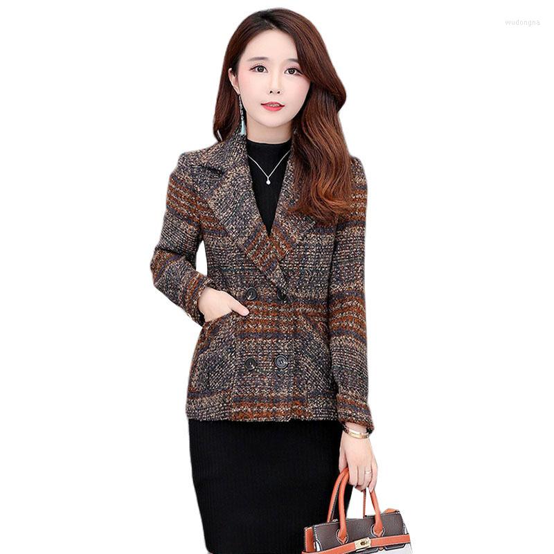 

Women's Wool Women Jacket Plaid Coat Autumn Winter 2023 Fashion Thicken Warm Overcoat Slim Short Outerwear Female Woolen Tops, Dark green