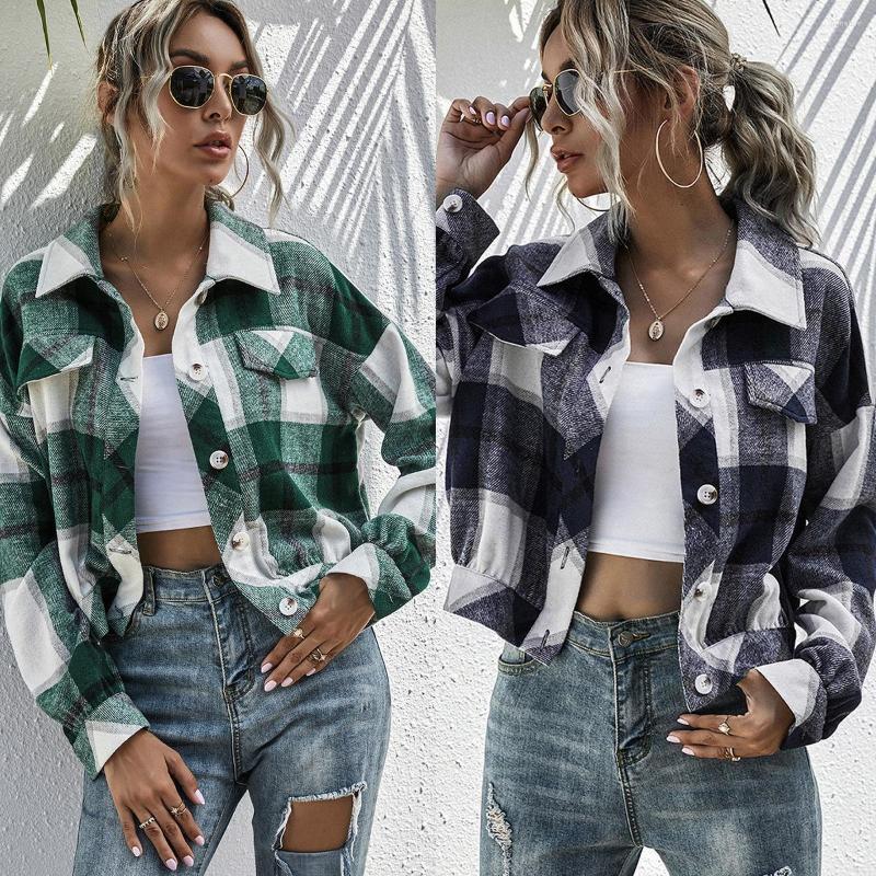 

Women' Polos 2023thickened Long Sleeve Plaid Top Loose Casual Shirt Plush Jacket Coat, Green