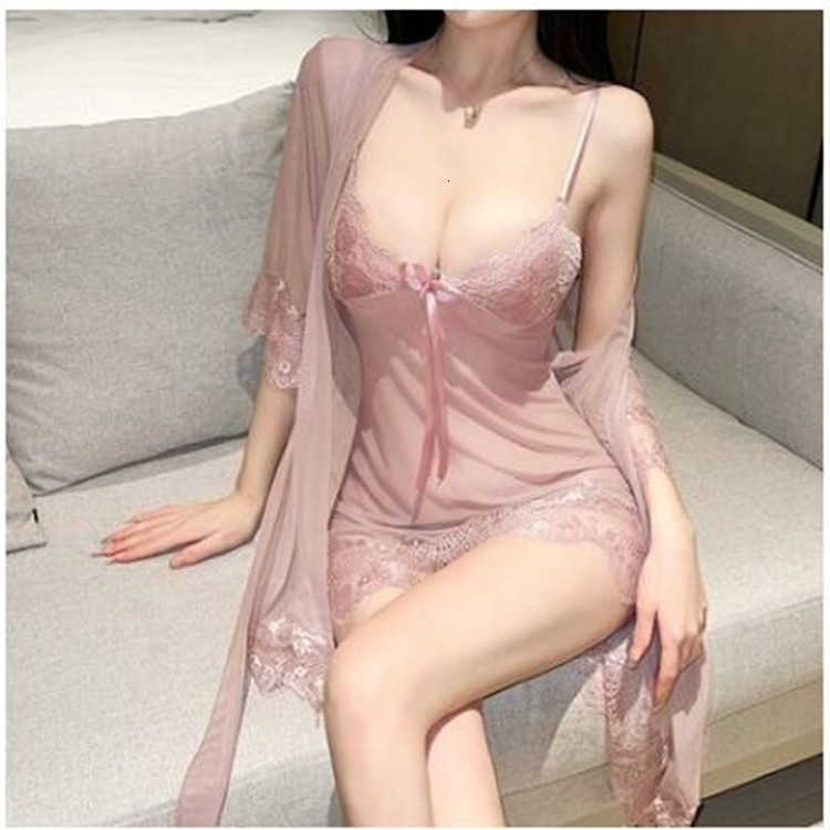 

Sexy Three piece lace pajamas allure adults perspective dress women's mesh suspender nightdress Above Knee, Wine