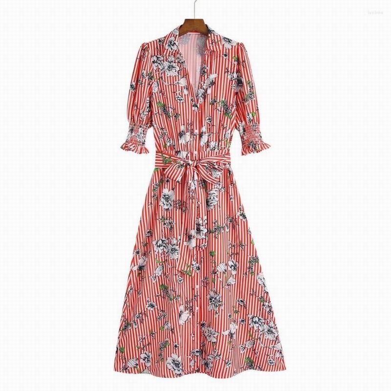 

Party Dresses Women Midi Dress With Belt Stripe And Floral Prints Half Sleeve Summer 2023 Fashion Female Casual Vestido, As photo