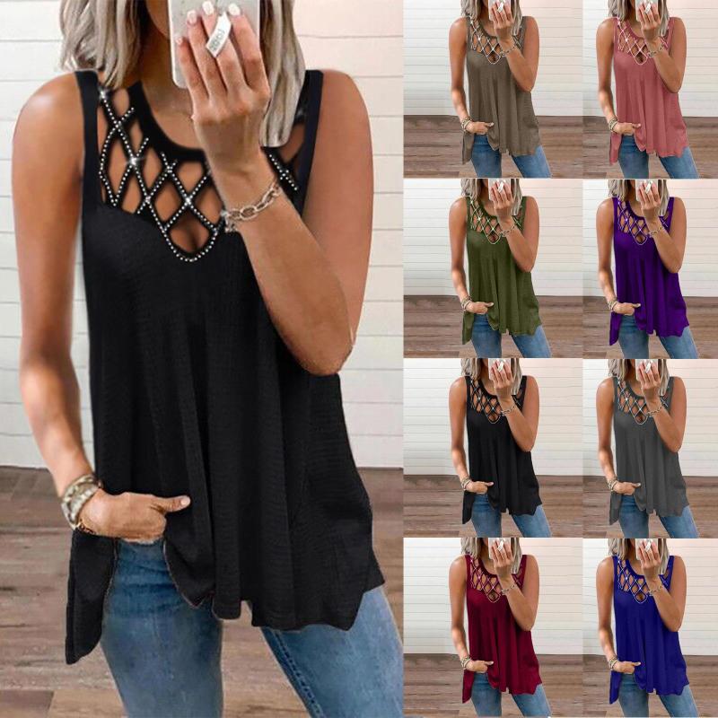 

Women's T Shirts 2023 Summer Women's Fashion Hollow Drill Sleeveless Vest Casual O-Neck Loose T-shirts Solid Color All-match Pullover, Army green