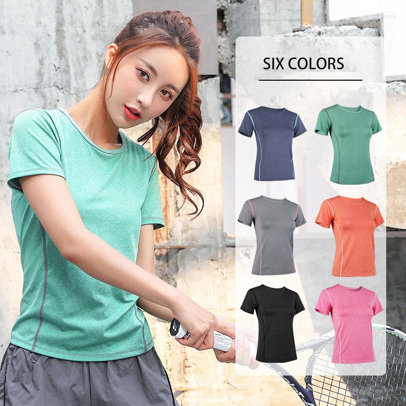 

Active Shirts Summer Yoga Short Sleeve Women Quick Dry T-Shirts Round Collar Workout Fitness Clothing Breathable Running Gym Suit Mujer, Green