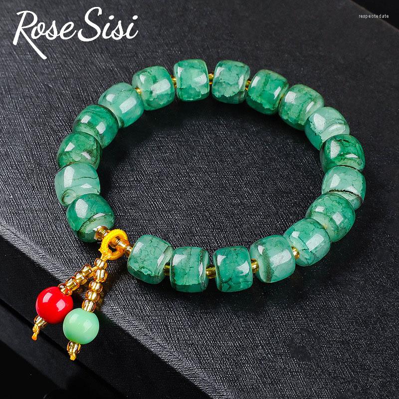 

Charm Bracelets Rose Sisi Chinese Style Popcorn Crack Crystal Bracelet Elastic Rope For Women Imitation Jade Barrel Beads Jewelry Gift