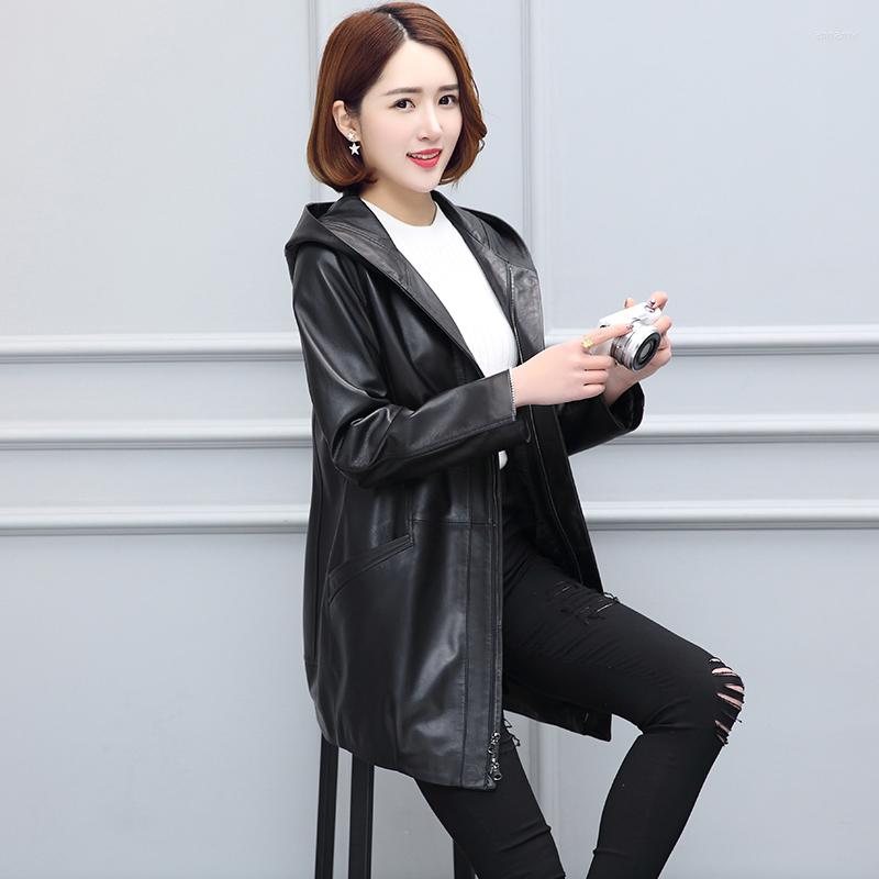 

Women's Leather 2023 Genuine Jacket For Women Hooded Sheepskin Coat Black Jackets Trench Coats Chaqueta Cuero Mujer