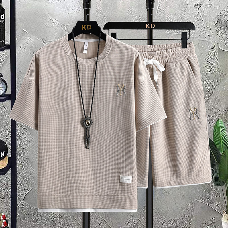 

Men's T-Shirts Men's Tracksuit NY Embroidered 2-piece Sets with Sleeved T-shirt and Shorts Waffle Fake-2-piece Summer Sets for Men 230313, Dark grey