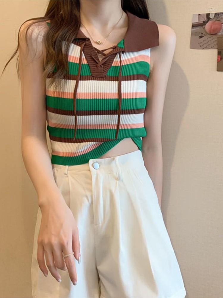 

Women's Tanks Retro Striped Polo Collar Bandage Vest Women Summer Sleeveless Slim Top Off Shoulder Women's Tank, Green