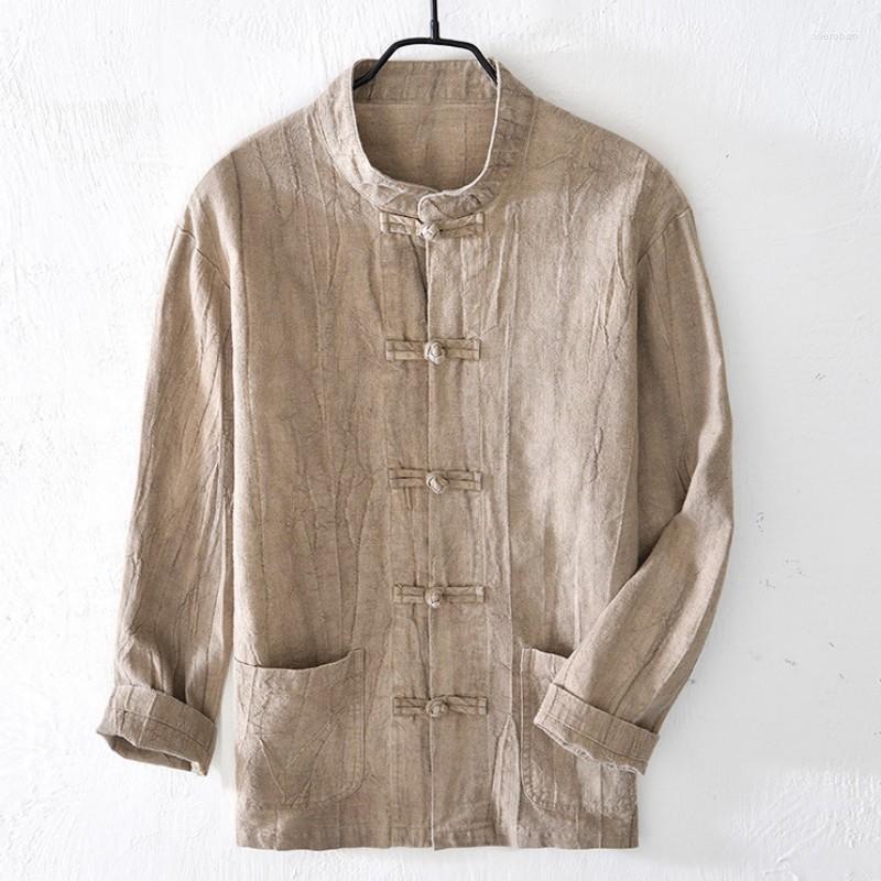 

Men's Casual Shirts Tradictional Chinese Tang Suit Autumn Spring Men Cotton Linen Mandarin Collar Breathable Button Down Long Sleeve, Khaki