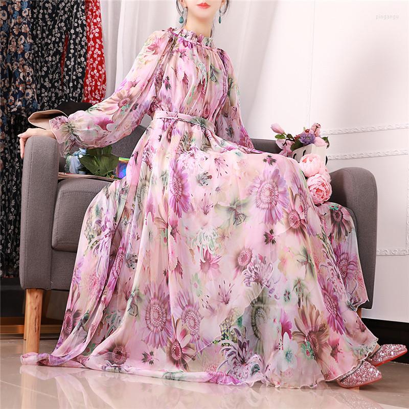 

Casual Dresses 2023 Spring Long-sleeved Round Neck Dress Floral Chiffon Large Size Women's Print Summer 2XL -5XL 585, Blue