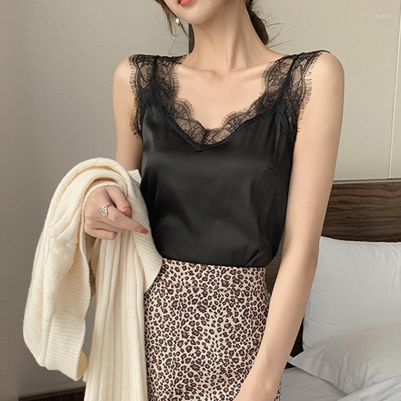 

Women' Tanks Women' Satin Summer Tops For Women 2023 V Neck Basic Sleeveless Lace Tank Female Silk Top White, Black