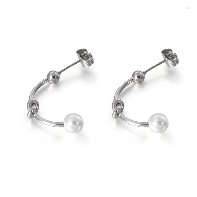 

Stud Earrings Fashion White Bead Simulated-Pearl Gold Color Stainless Steel Women Simple Long Eagement Earring
