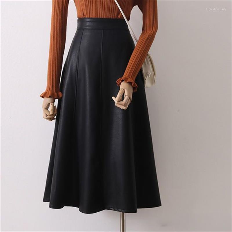

Skirts Mid Length PU Leather Skirt For Women Autumn And Winter Korean Ladies High Waist A-line Black