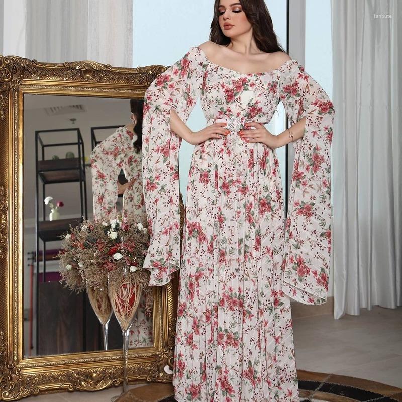 

Ethnic Clothing Muslim Women's Dress Breathable Chiffon Pink Flower Print Large Water Sleeve Summer Fashion Skirt Abaya Vestidos Largos