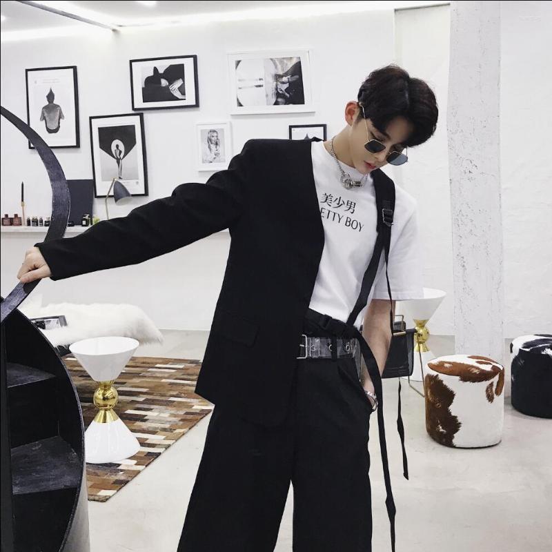

Men' Suits Men Suit Blazers Nightclub Performance Stage Singer Leisure Unilateral Design Jacket No Collar Irregular Ribbon Coat Hombre, Black